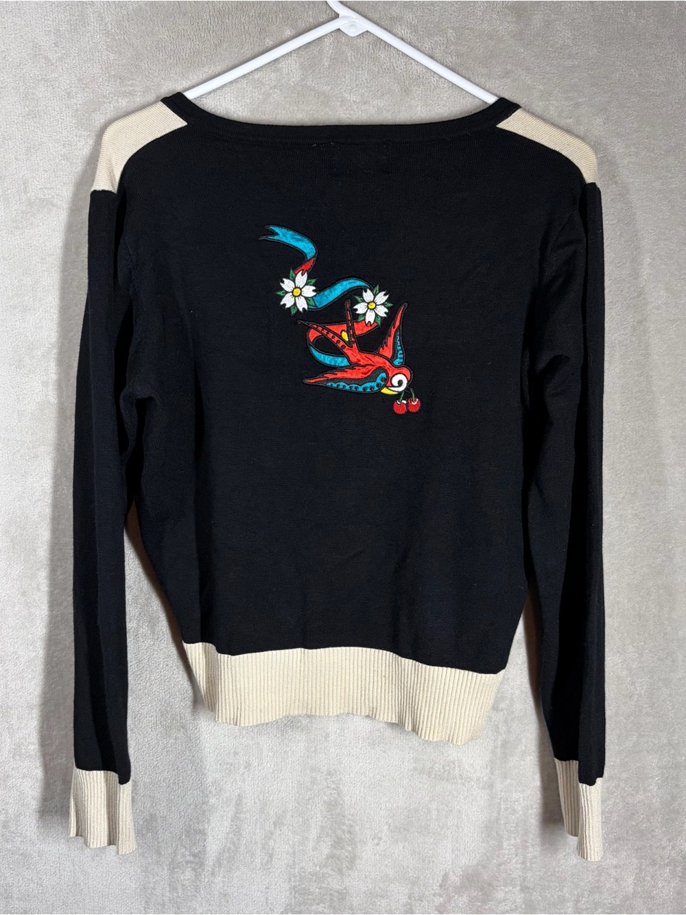 Banned Apparel Sparrow Tattoo Cardigan Size XL Black Stretch Retro Rockabilly - Picture 3 of 6